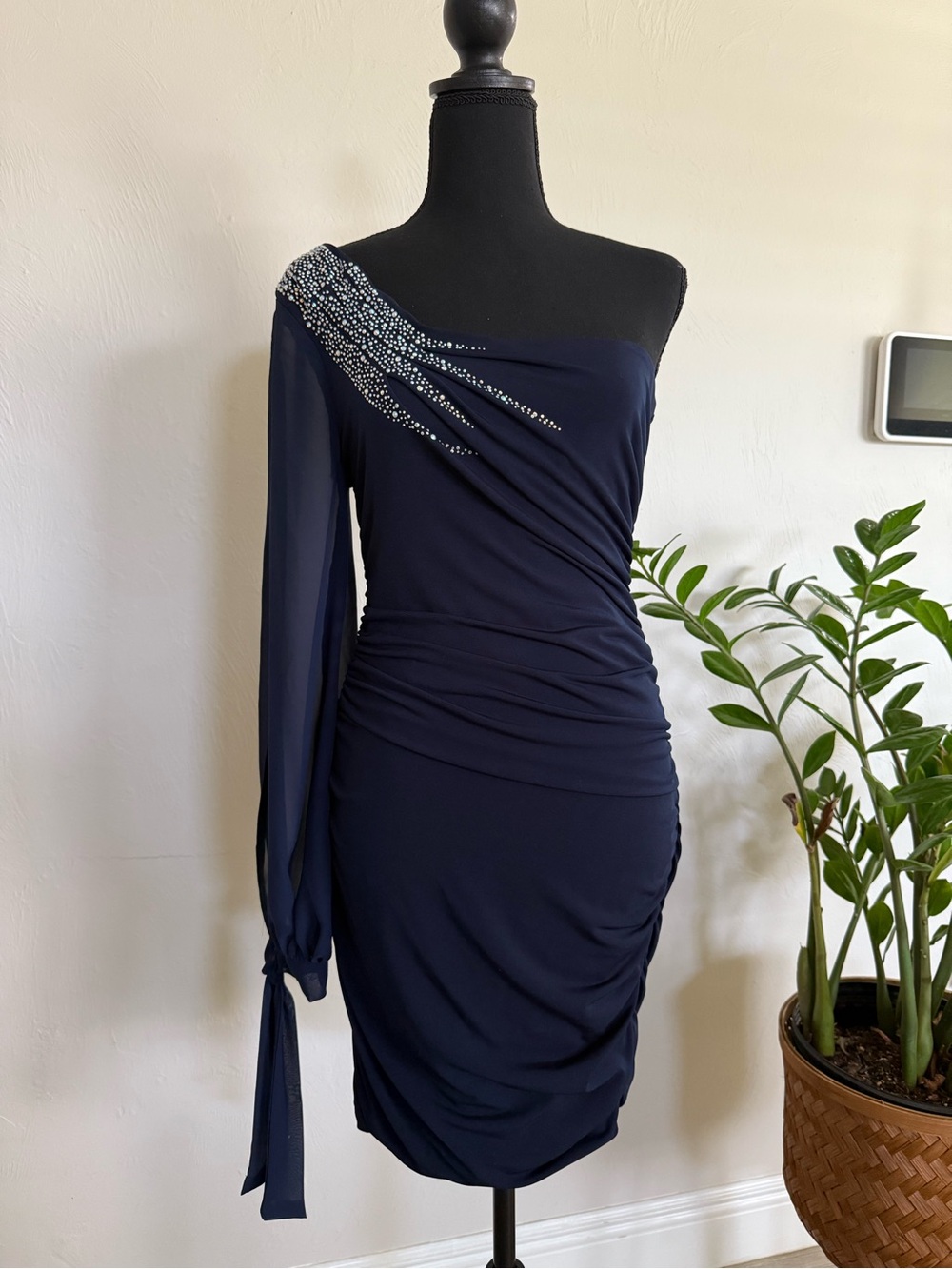 Jodi Kristopher Navy One-Shoulder Ruched Cocktail Dress with Crystal Accent